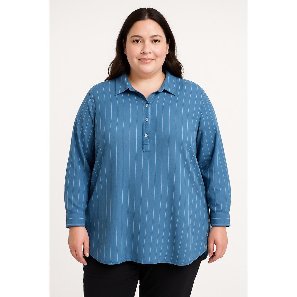 Croft & Barrow Blue Striped Linen Blend Button-Side Tunic Top Women’s Plus 3X
